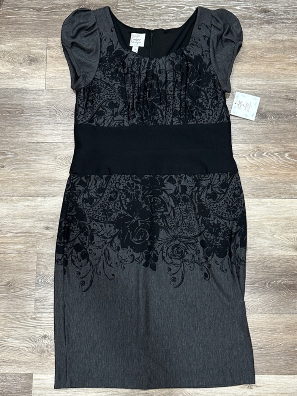 NWT! Suzi Chin for Maggy Boutique Black and Gray Floral Sheath Midi Dress